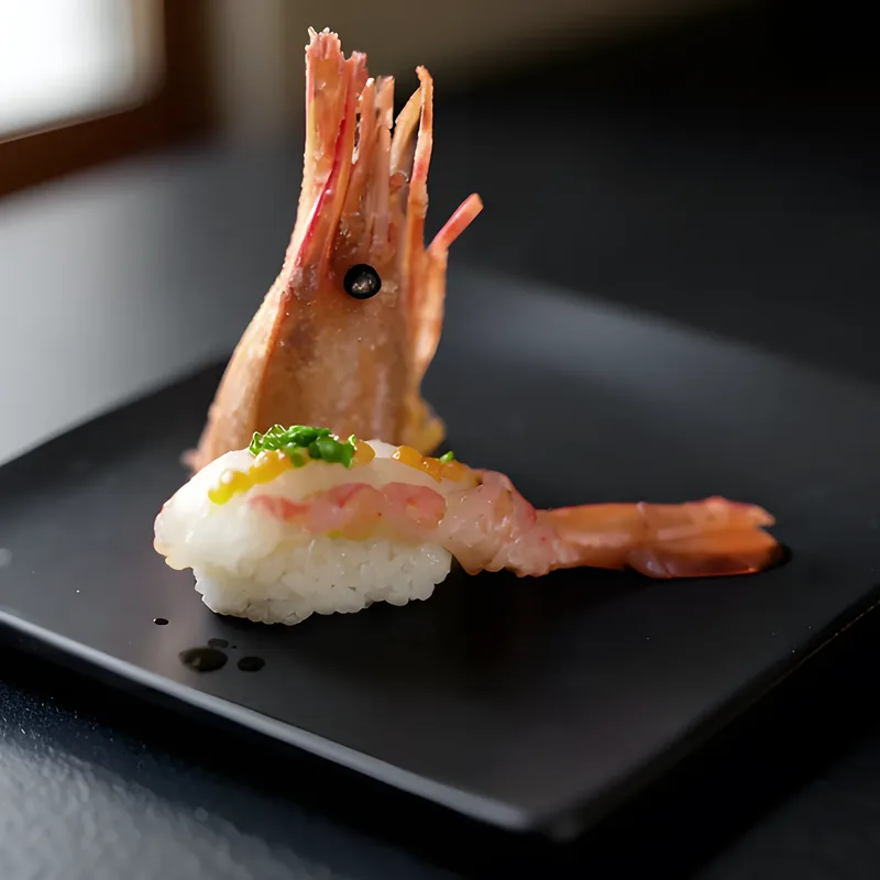 Sweet shrimp nigiri with the head standing behind it