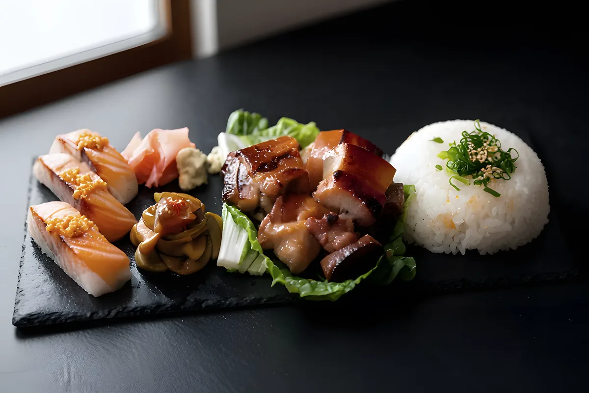 A slate of salmon nigiri, glazed pork belly, pickles and rice