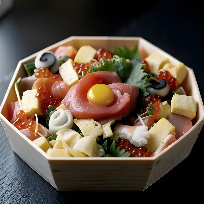 A chirashi box of tuna, salmon, ikura and tamago with a cured yolk