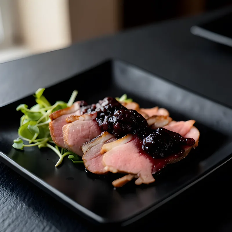 Sliced seared duck with blackberry and micro greens