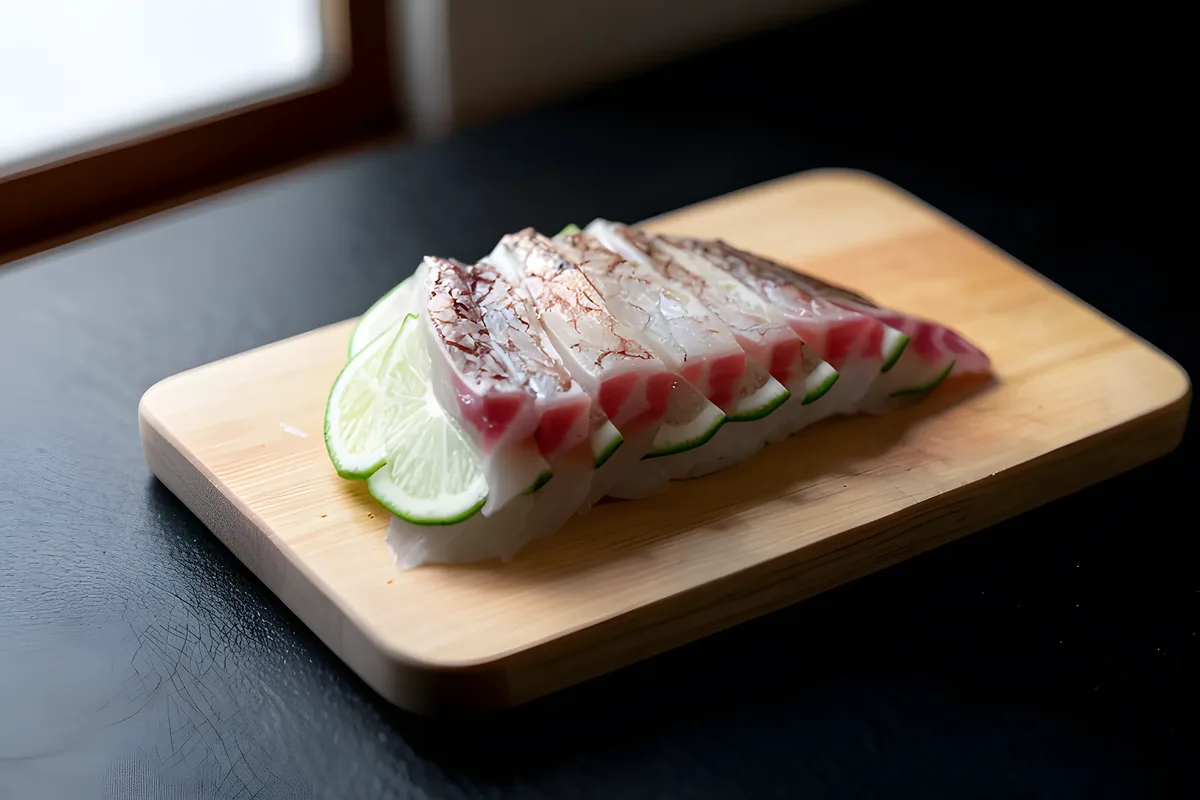 Amberjack sliced and fanned with lime on the cutting board