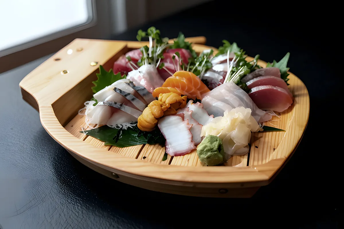 A sashimi boat of hamachi, salmon, aji, uni and tako