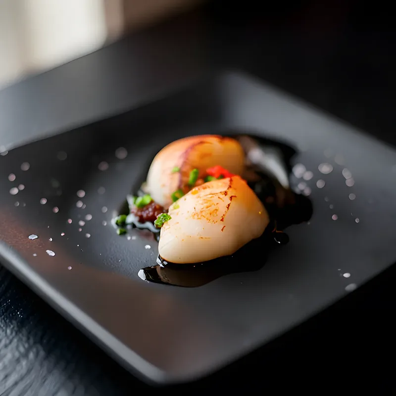 Hotate nigiri with citrus salt on a black plate