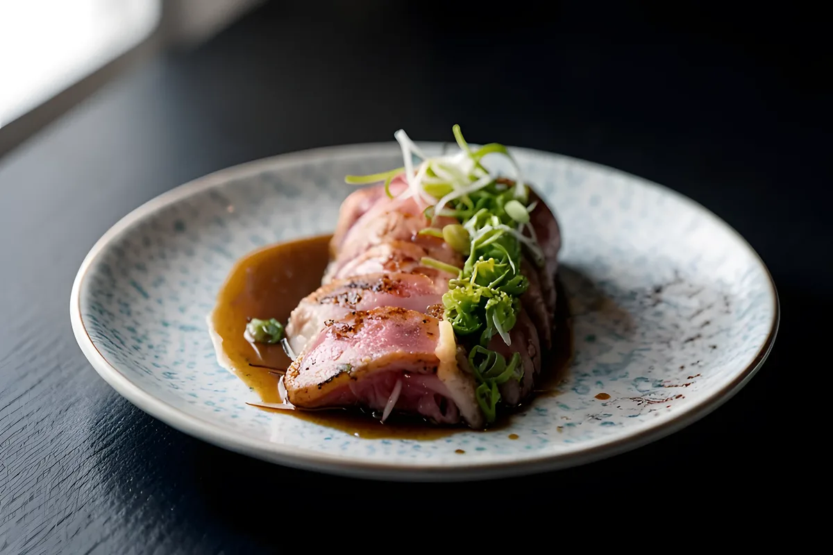 Seared beef tataki fanned in ponzu with scallion and shredded onion