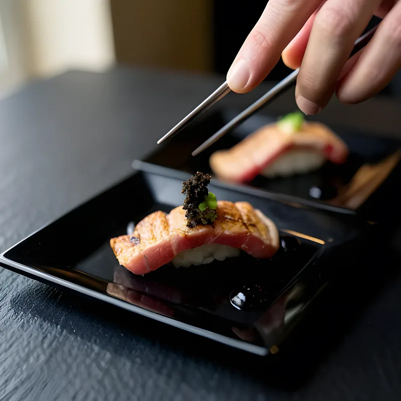 A chef setting a piece of torched nigiri onto a black plate with tweezers