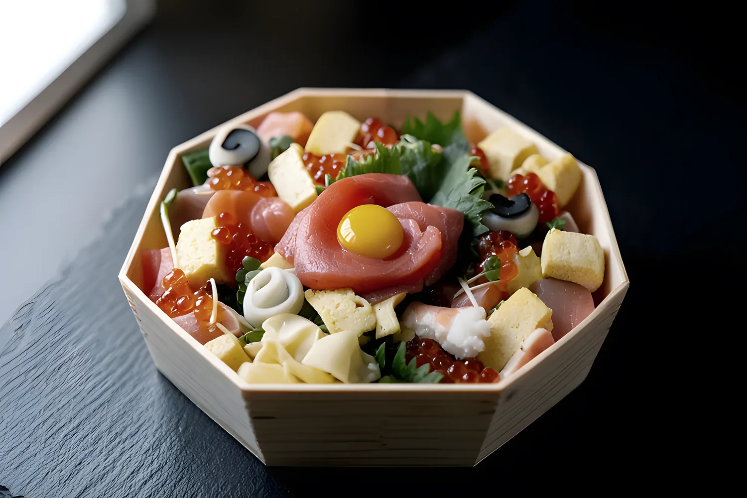 A chirashi bowl of tuna, salmon roe, tamago and a raw egg yolk